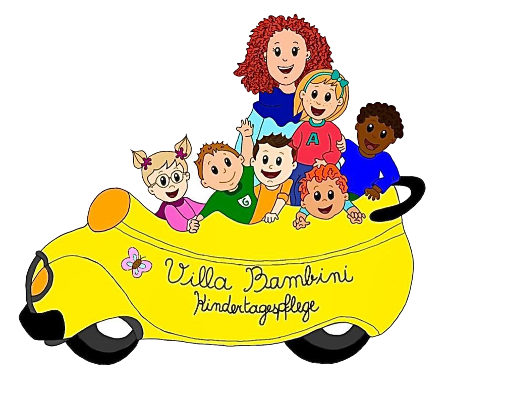 Villa Bambini Kindertagespflege in Karlsruhe - Eine diverse gruppe von Kindern sitzt mit einer rothaarigen Frau in einem gelben Auto